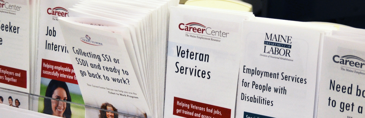A table display with pamphlets and brochures from the CareerCenter